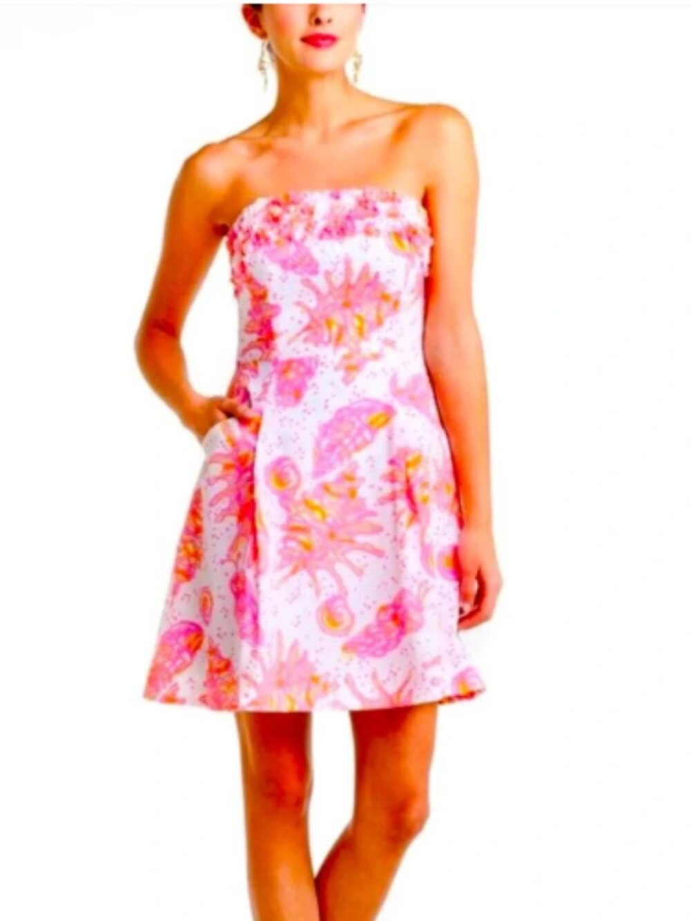 Lilly Pulitzer Ferra Ruffle Strapless Dress Conched Out White/Pink Size 12